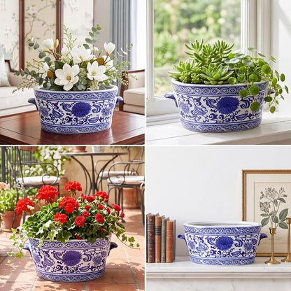 Blue and White Chinoiserie Oval Planter