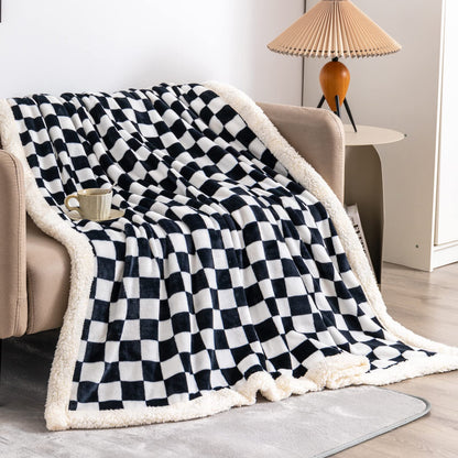 Navy Checkered Sherpa Throw Blanket