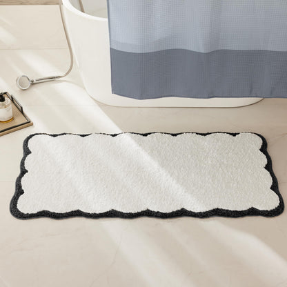 White Scalloped Bath Mat with Blue Piping