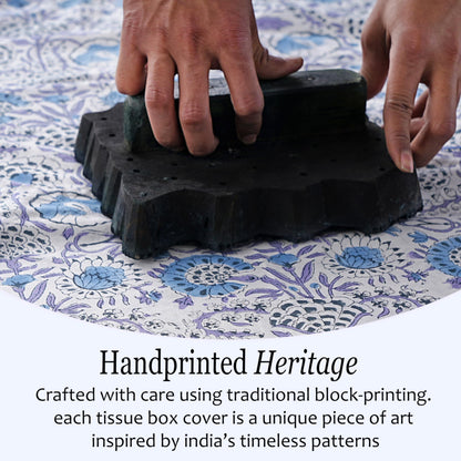 Block Print Cotton Tissue Box Cover, Apatite Blue
