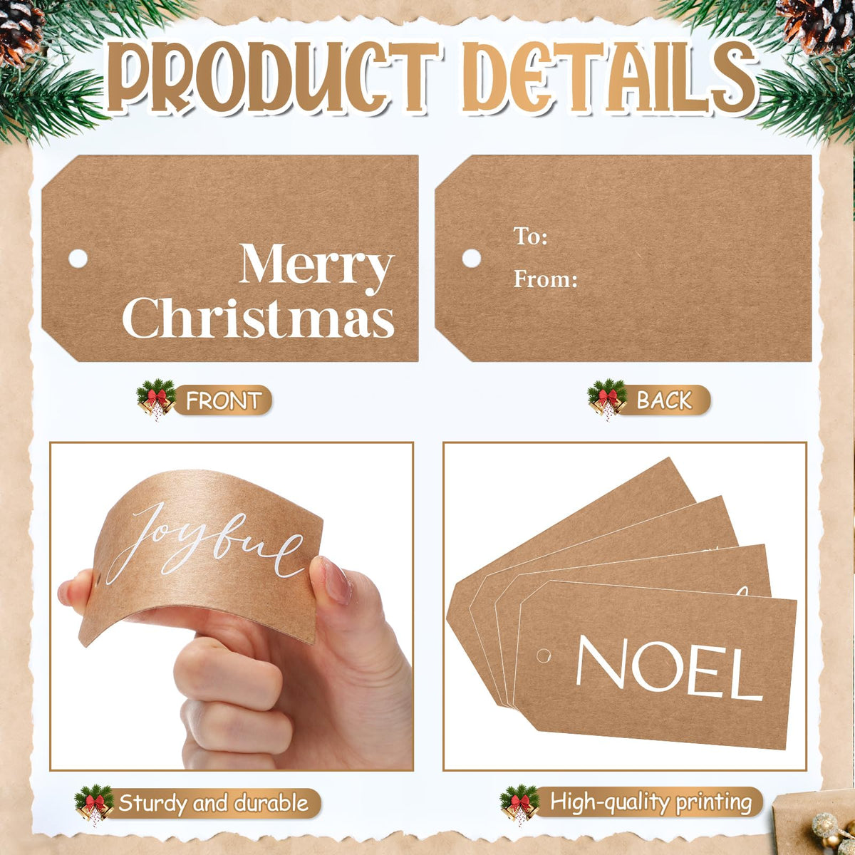 Christmas Gift Tags with Ribbon, 100 Pack, Blue and Silver