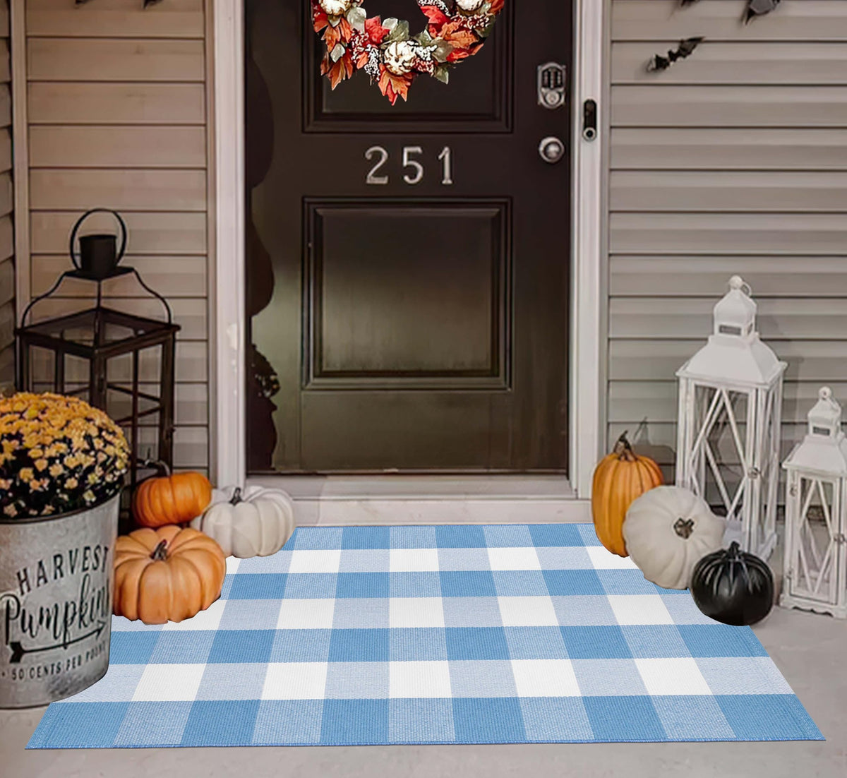 Light Blue Buffalo Plaid Cotton Door Mat, 24x35
