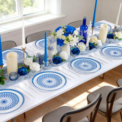 Blue Floral Plastic Plates, 60 Pieces