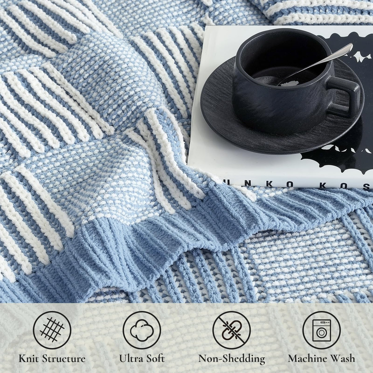 Checkered Knit Throw Blanket, Blue, 50 x 60 Inch
