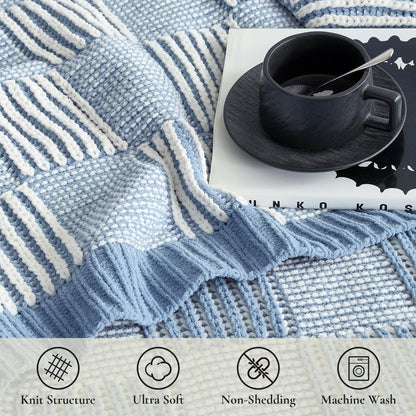 Checkered Knit Throw Blanket, Blue, 50 x 60 Inch