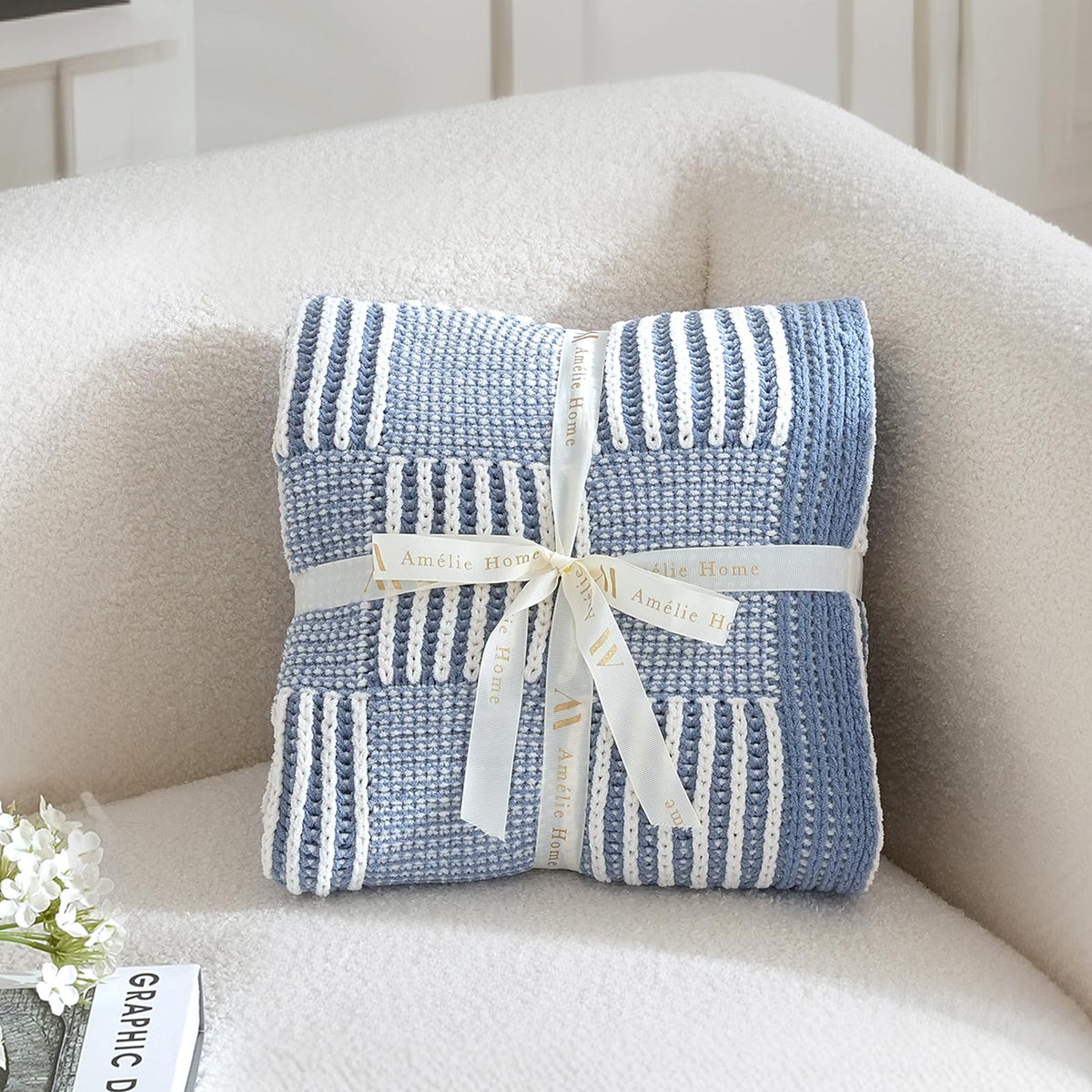 Checkered Knit Throw Blanket, Blue, 50 x 60 Inch