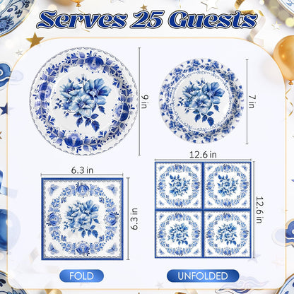 Blue and White Chinoiserie Plates and Napkins for 25