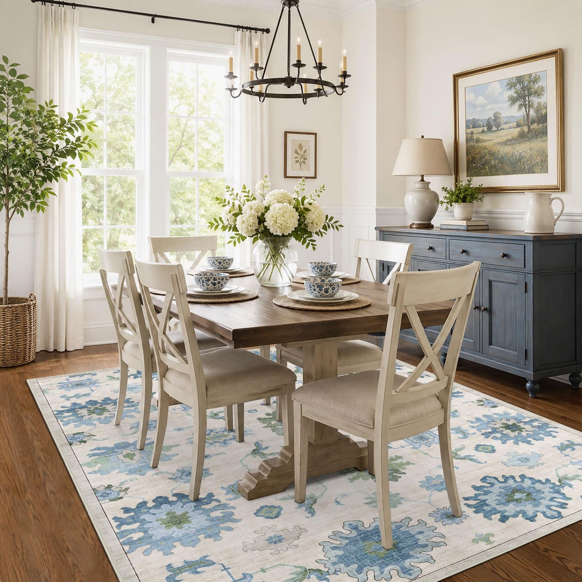 Washable Area Rug, Delft Blue Vintage Floral