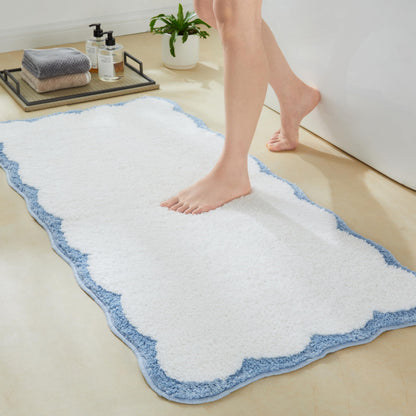 White Scalloped Bath Mat with Blue Piping