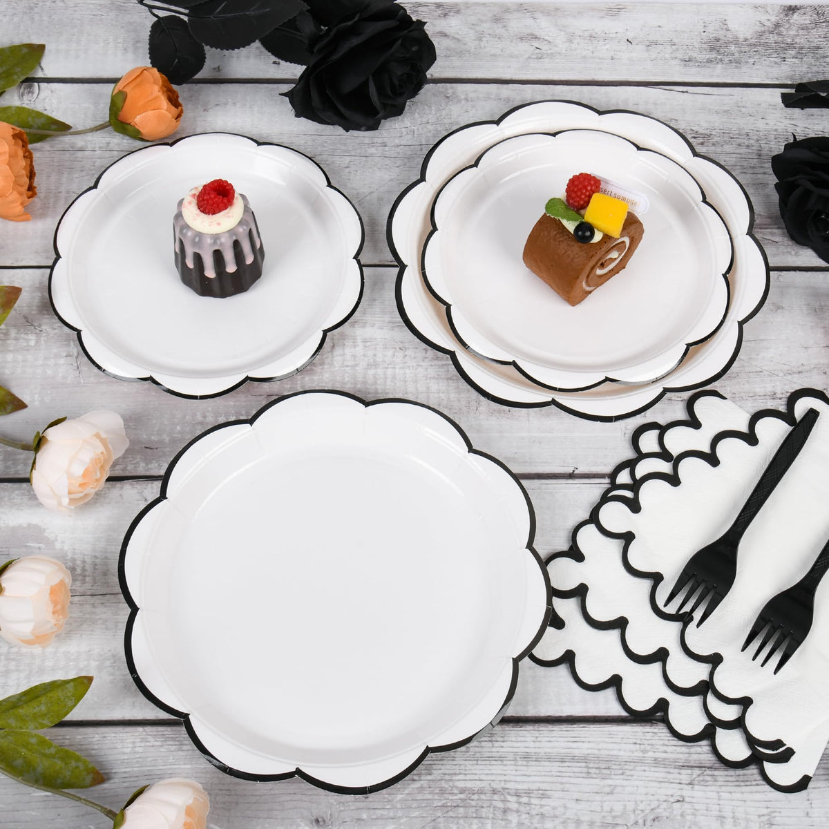 Blue Scalloped Paper Plates and Napkins, Serves 24