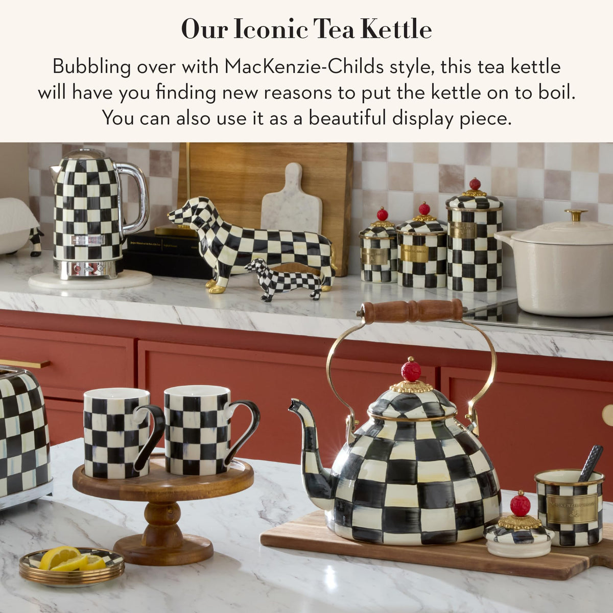 MacKenzie-Childs Enamel Tea Kettle, Royal Check