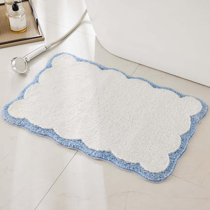 White Scalloped Bath Mat with Blue Piping