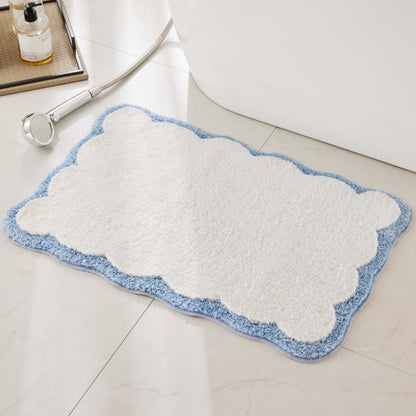 White Scalloped Bath Mat with Blue Piping
