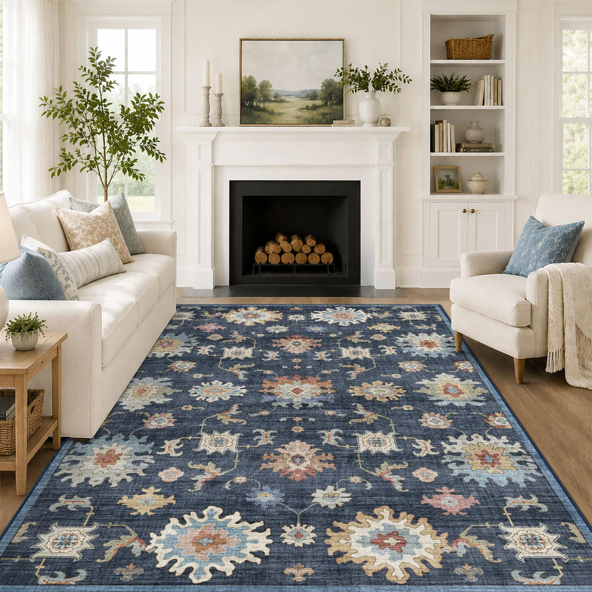 Washable Area Rug, Delft Blue Vintage Floral