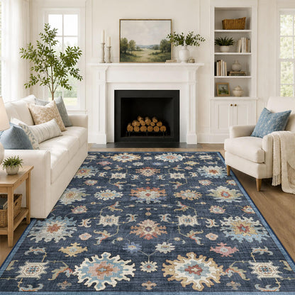 Washable Area Rug, Delft Blue Vintage Floral