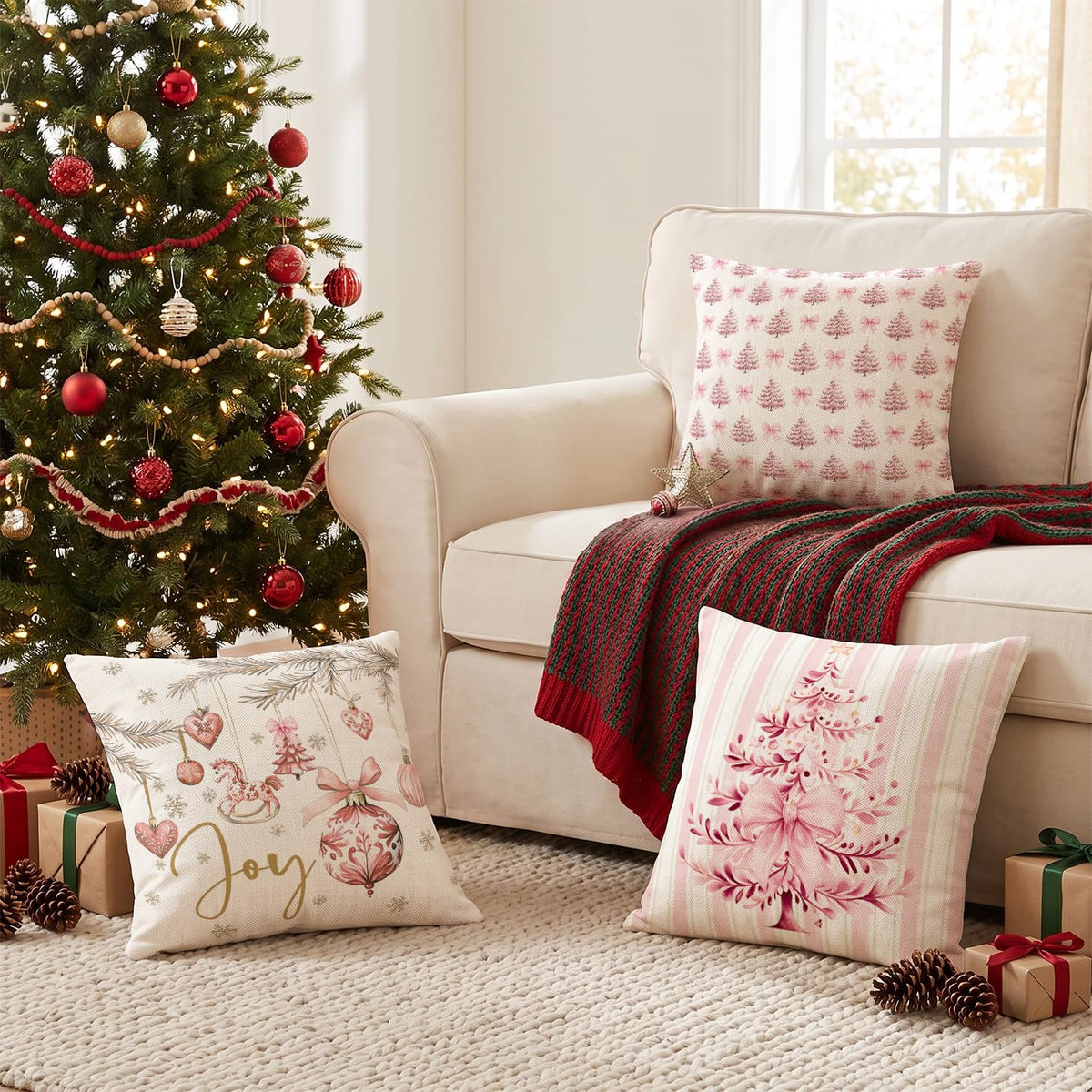 Blue Stripe Christmas Pillow Covers, Set of 4