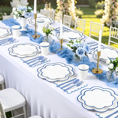 Blue and White Paper Tableware Set, Serves 50