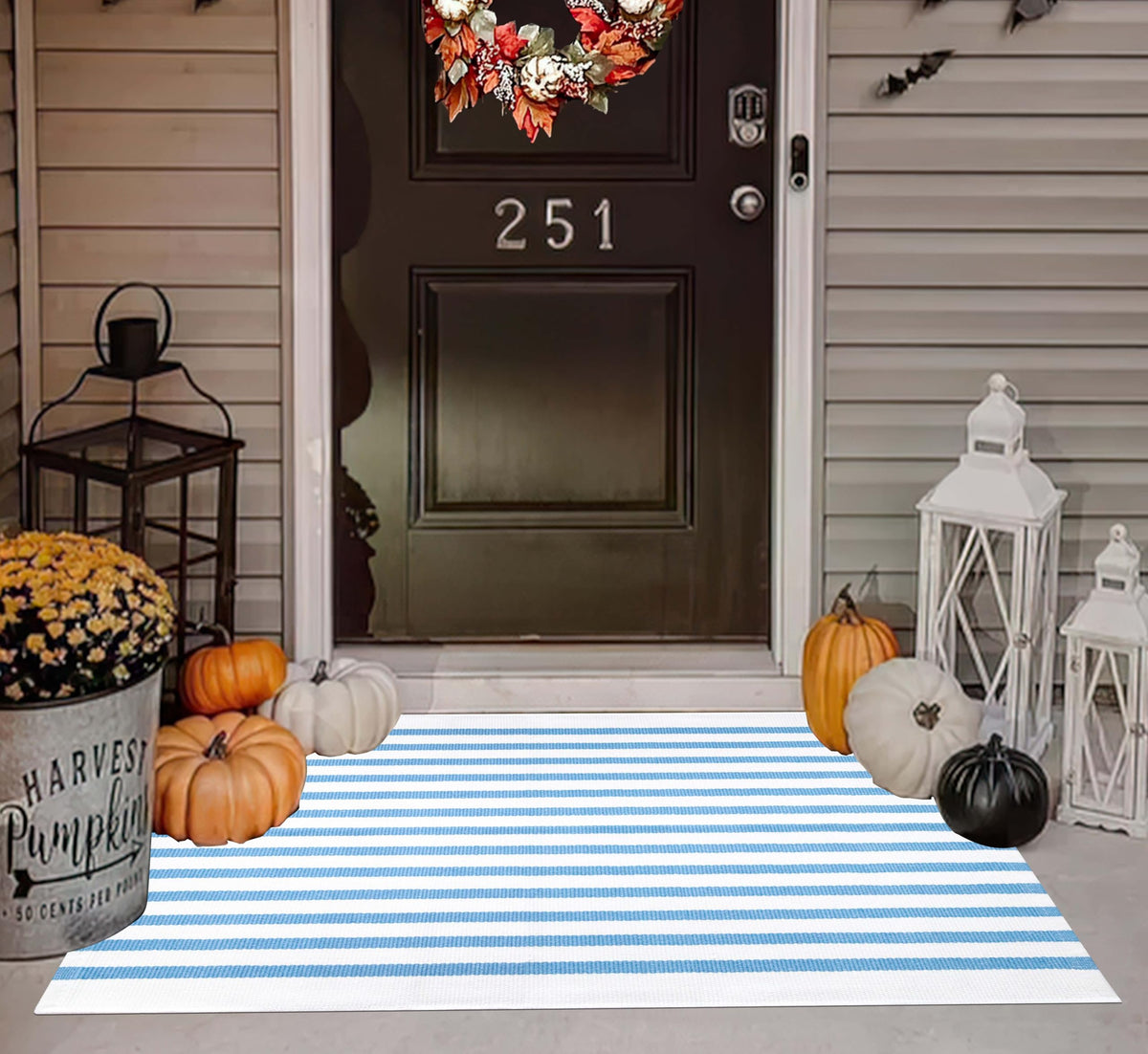 Light Blue Buffalo Plaid Cotton Door Mat, 24x35