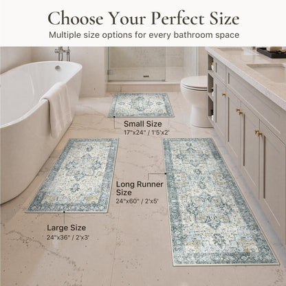 Blue Floral Boho Bath Mat, 24 x 17