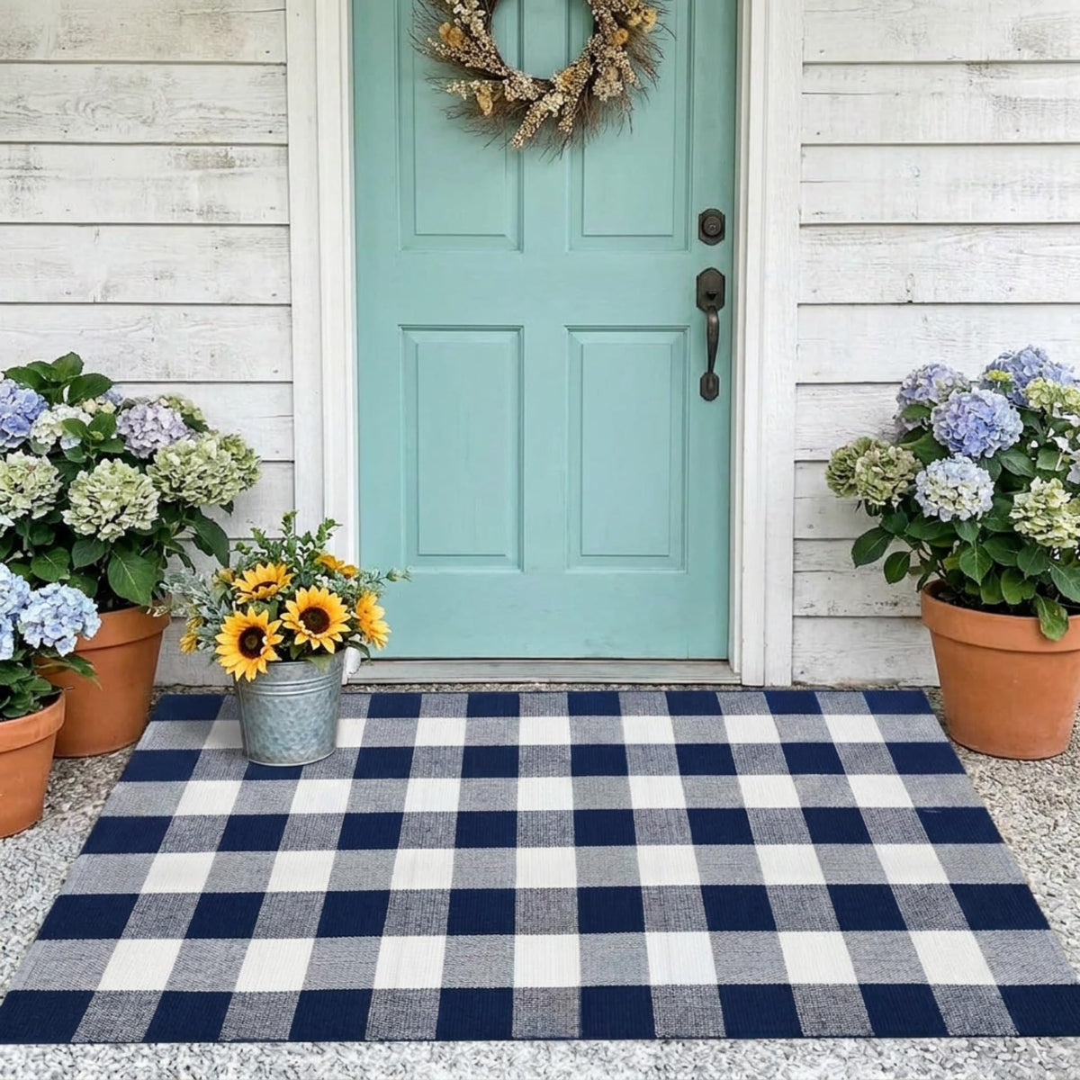 MUBIN Blue White Plaid Cotton Rug, 27.5x43