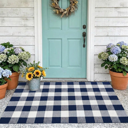 MUBIN Blue White Plaid Cotton Rug, 27.5x43