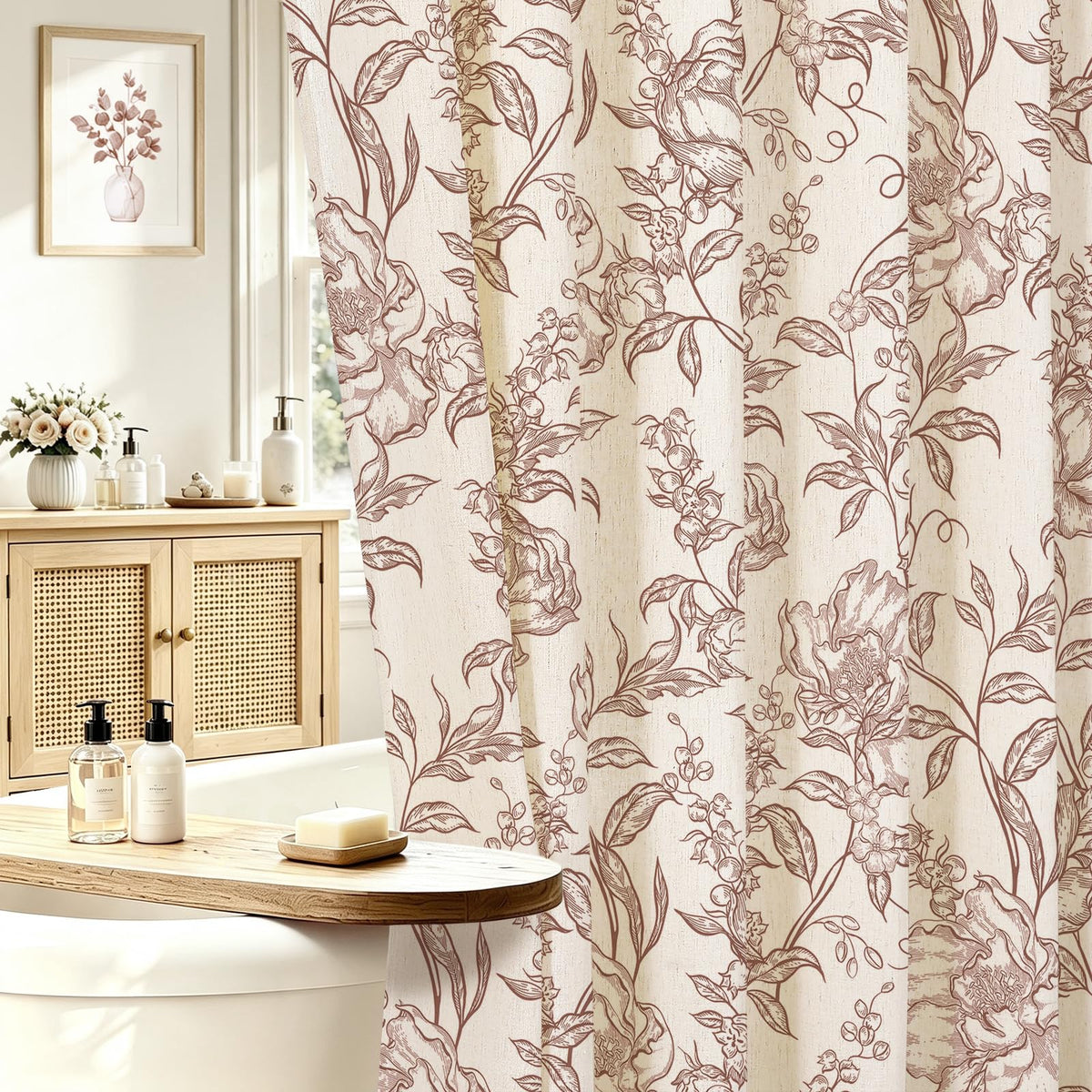Blue Floral Linen Blend Shower Curtain