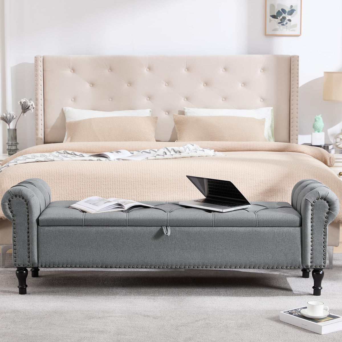Navy Velvet Tufted Storage Bench