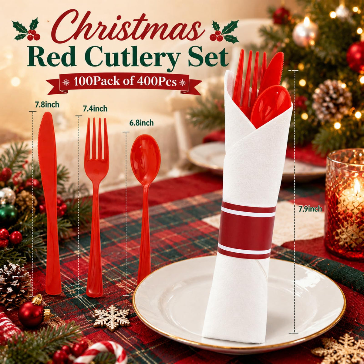 Pre-Rolled Blue Plastic Cutlery with Napkins, 100 Pack