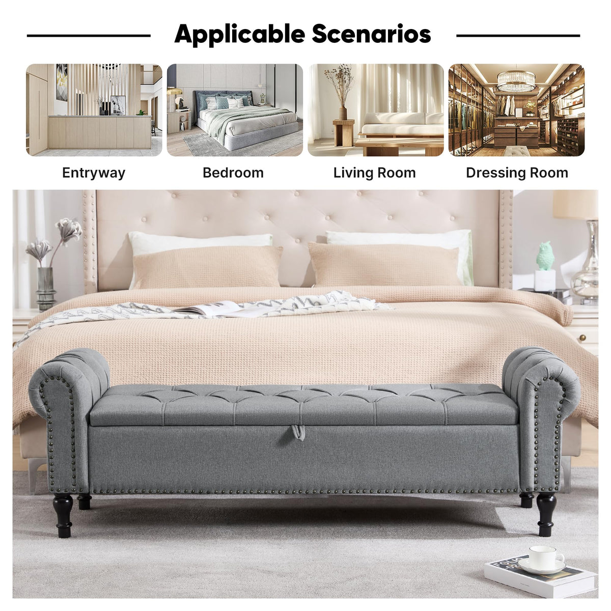 Navy Velvet Tufted Storage Bench