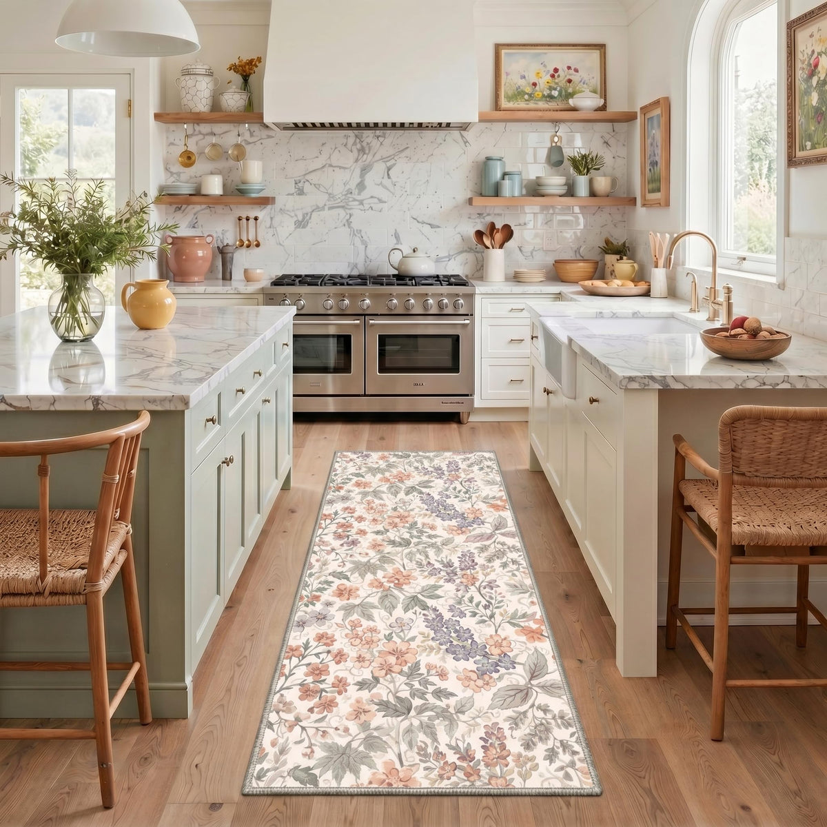 Bavni Dusty Blue Floral Washable Rug