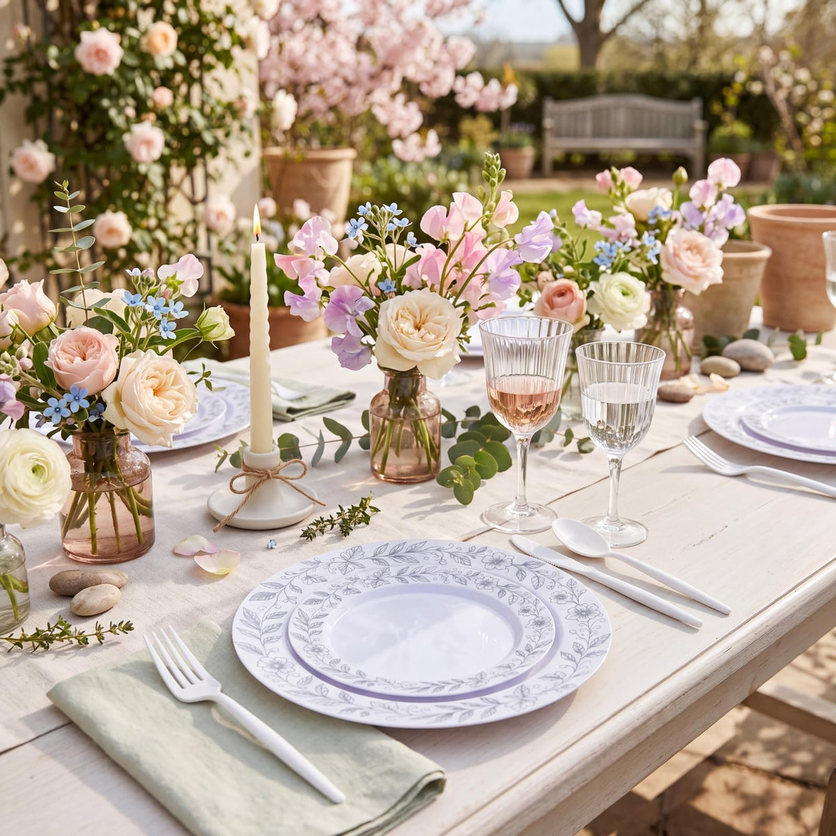 Blue Floral Plastic Plates, 60 Pieces
