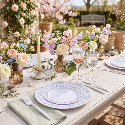 Blue Floral Plastic Plates, 60 Pieces
