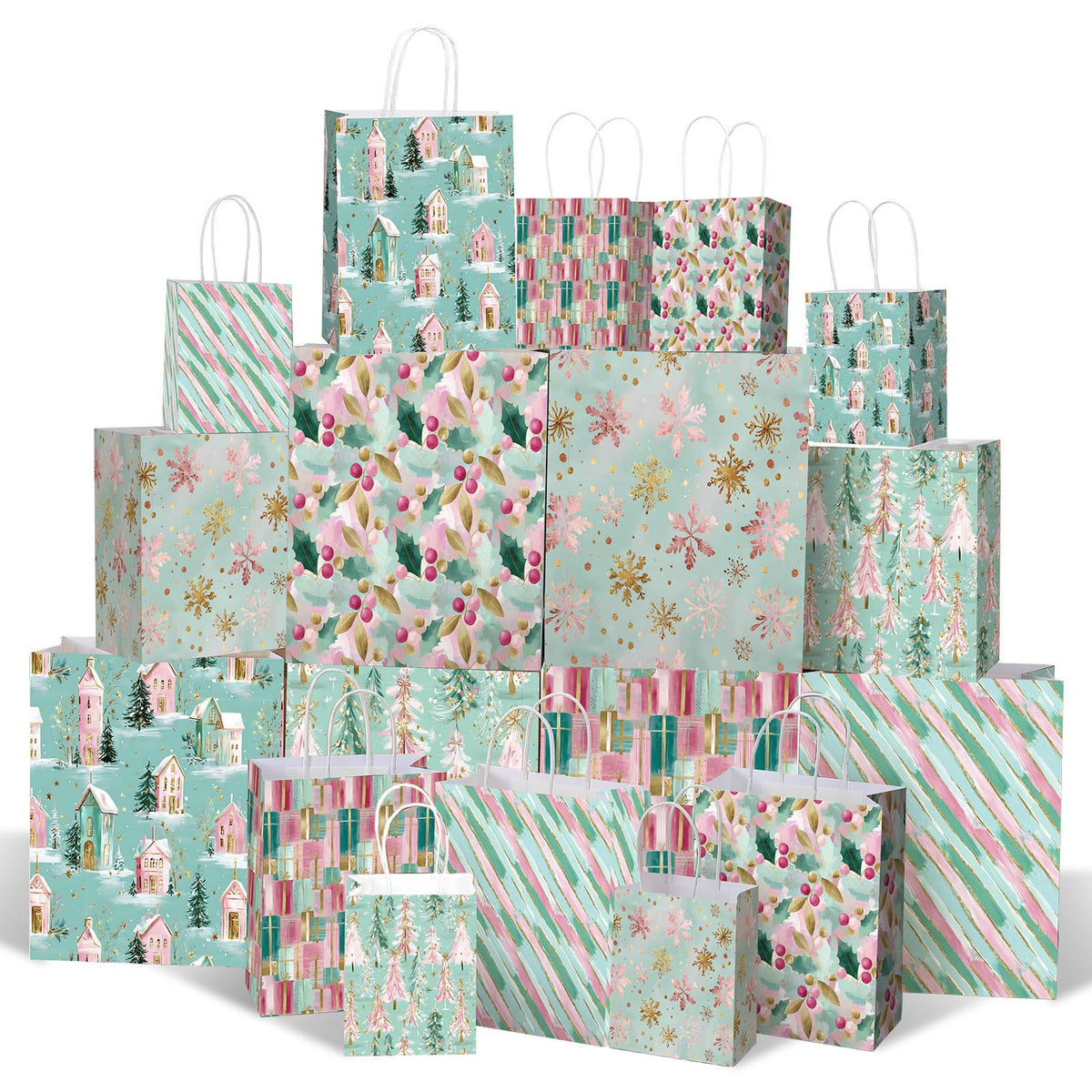 Blue Toile Christmas Kraft Gift Bags, Set of 18