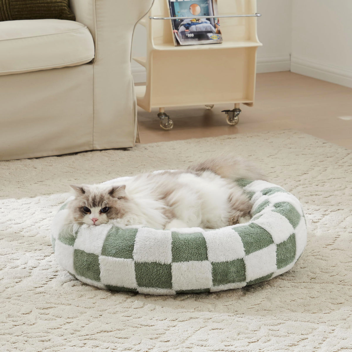 Blue Checkered Round Dog Bed