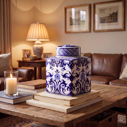 Square Ceramic Ginger Jar with Lid, Blue and White