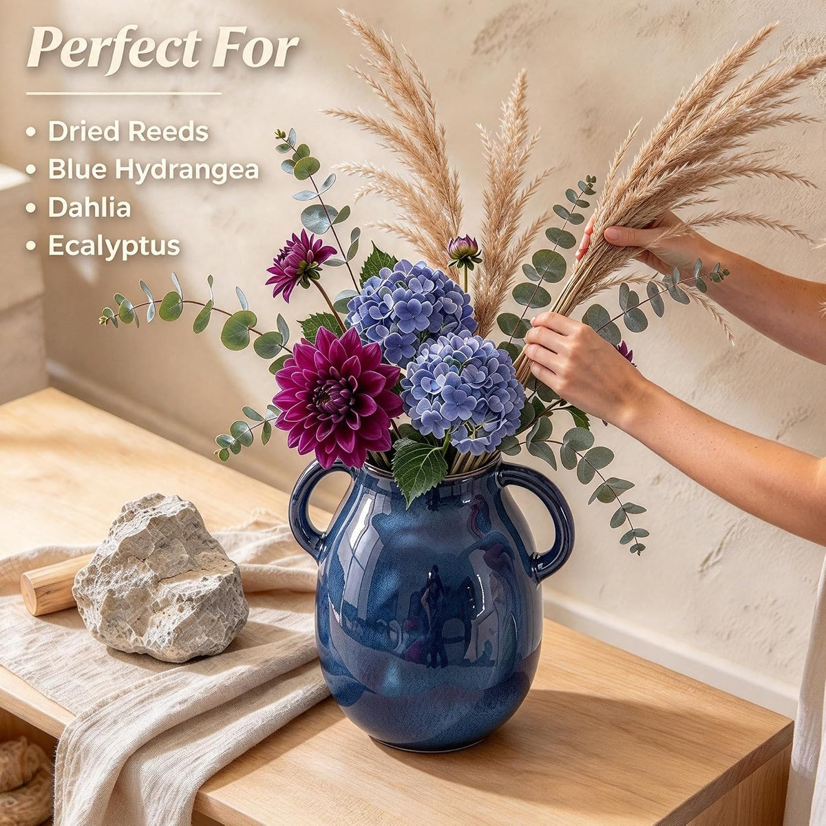 Blue Ceramic Vase with Two Handles