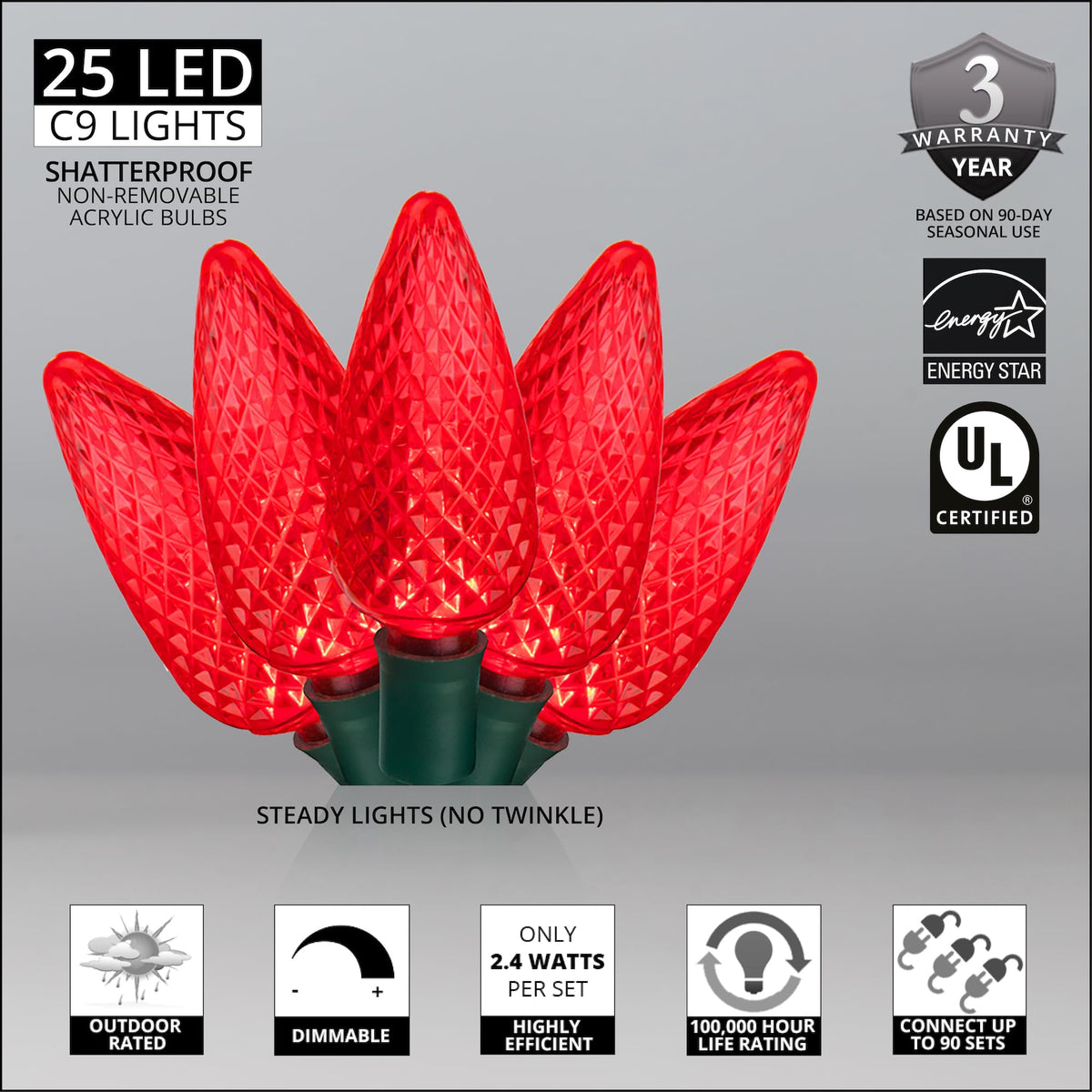 Blue C9 LED Christmas Light Set, 25 Bulbs