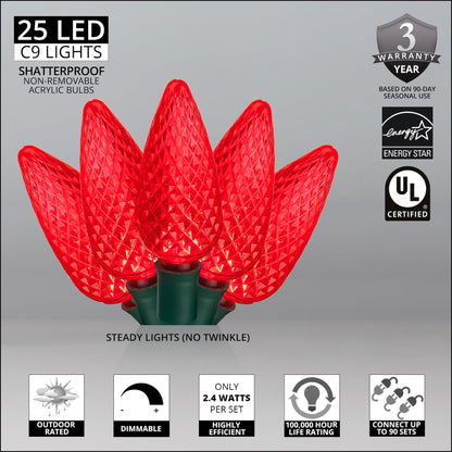 Blue C9 LED Christmas Light Set, 25 Bulbs