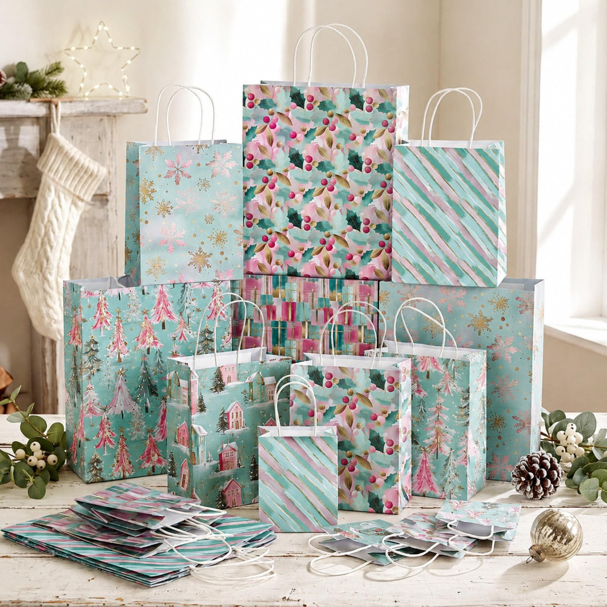 Blue Toile Christmas Kraft Gift Bags, Set of 18