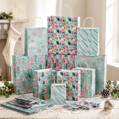 Blue Toile Christmas Kraft Gift Bags, Set of 18
