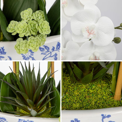Briful Faux Orchid in Blue and White Boat Vase