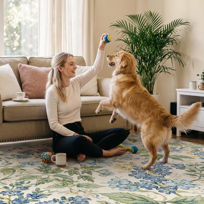 Bavni Dusty Blue Floral Washable Rug