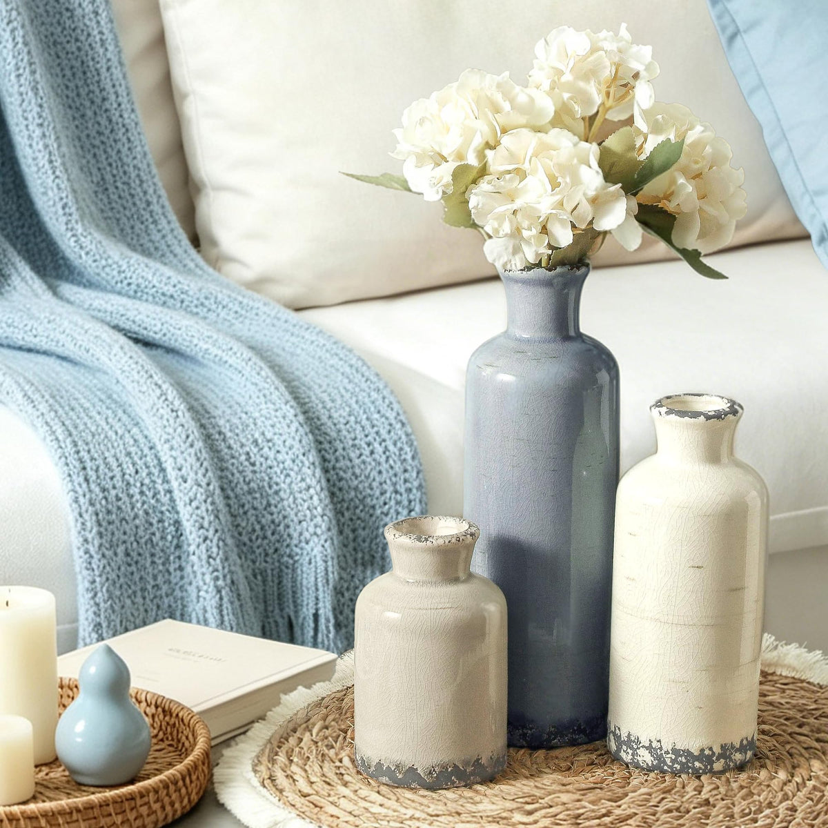 Vintage Blue and White Ceramic Vases, Set of 3