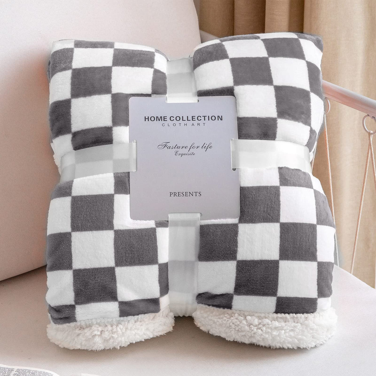 Navy Checkered Sherpa Throw Blanket