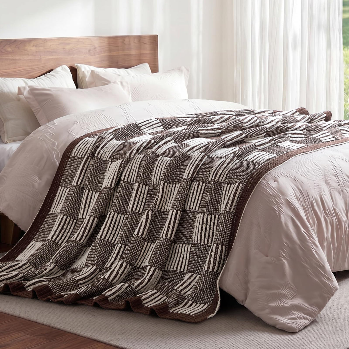 Checkered Knit Throw Blanket, Blue, 50 x 60 Inch