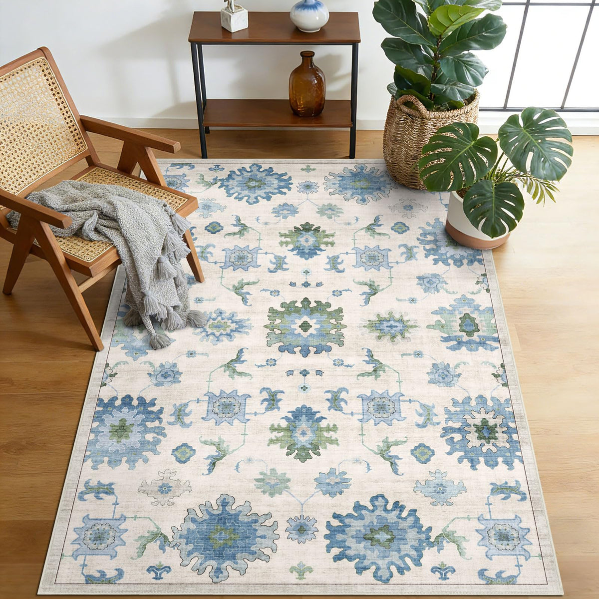 Washable Area Rug, Delft Blue Vintage Floral