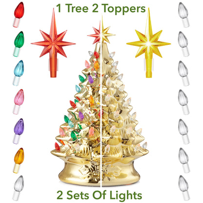Hand Painted Ceramic Christmas Tree, 15 Inch Pre-Lit