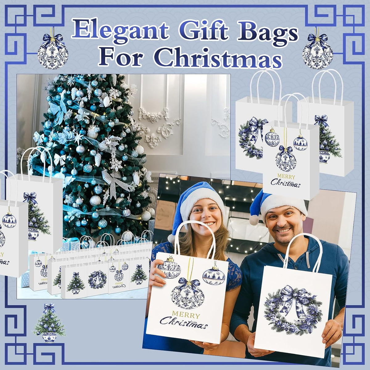 Blue Chinoiserie Floral Christmas Gift Bags, Set of 12