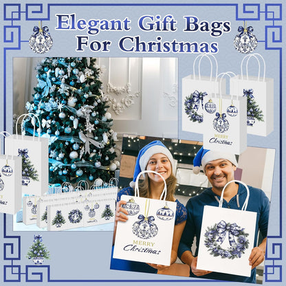 Blue Chinoiserie Floral Christmas Gift Bags, Set of 12