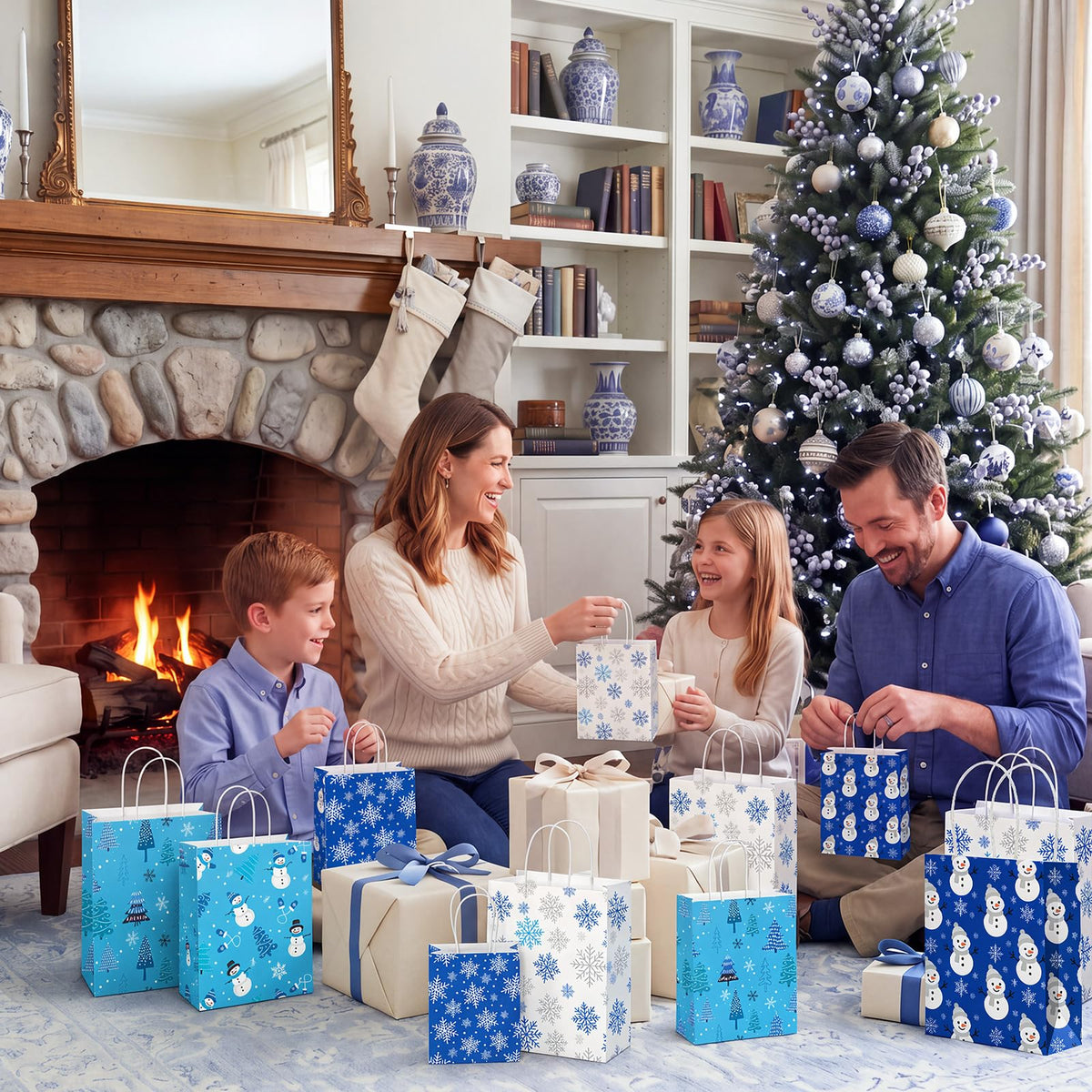 Blue Toile Christmas Kraft Gift Bags, Set of 18
